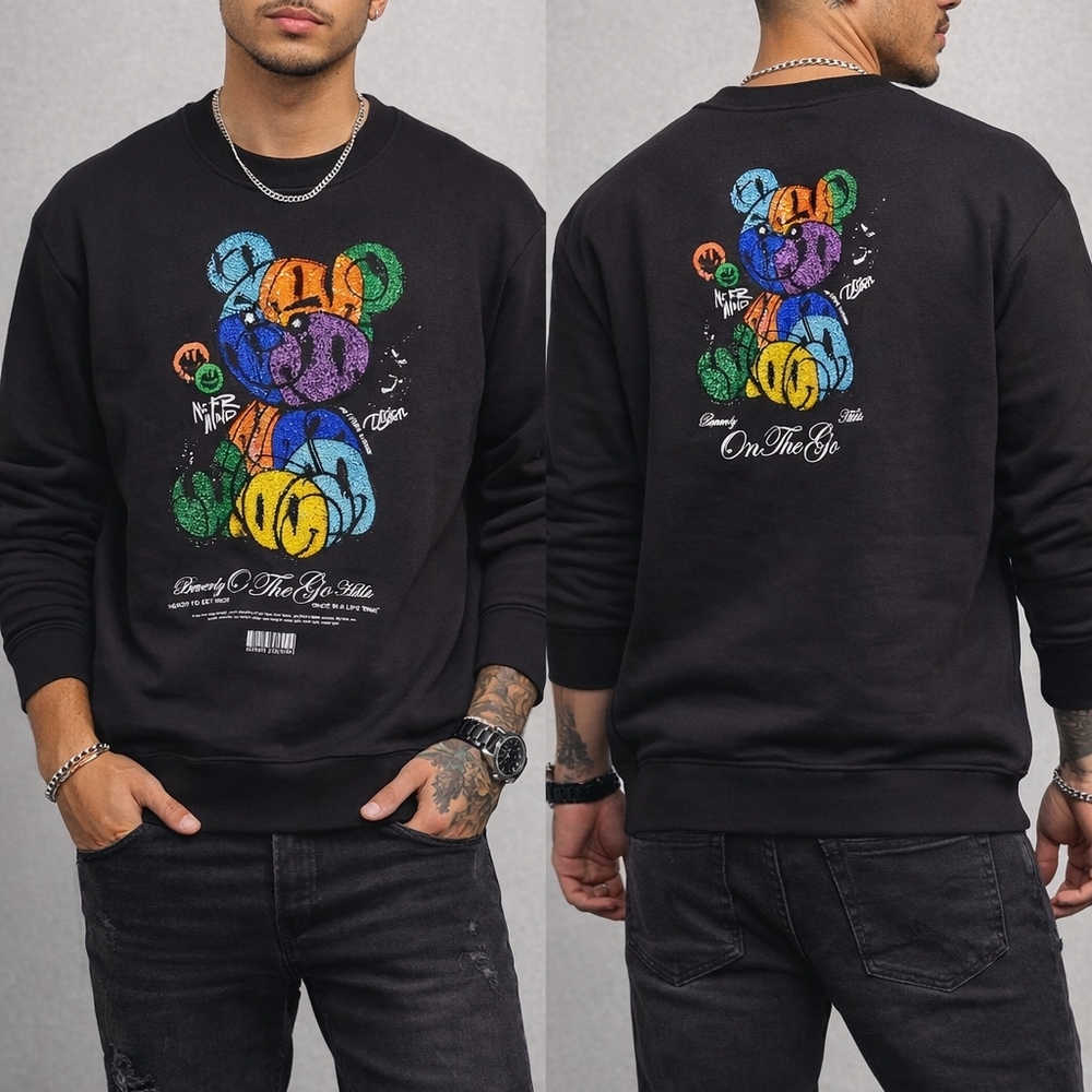 NWT Left Point Teddy Bear Graphic Sweatshirt Blk Rhinestone Streetwear Men's XXL